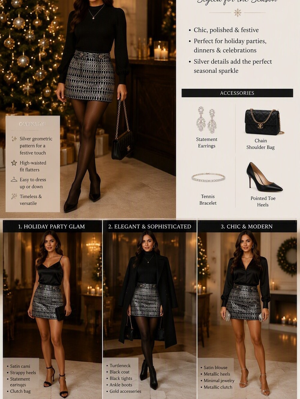 Milly Black Mini Skirt with Silver Geometric Lattice